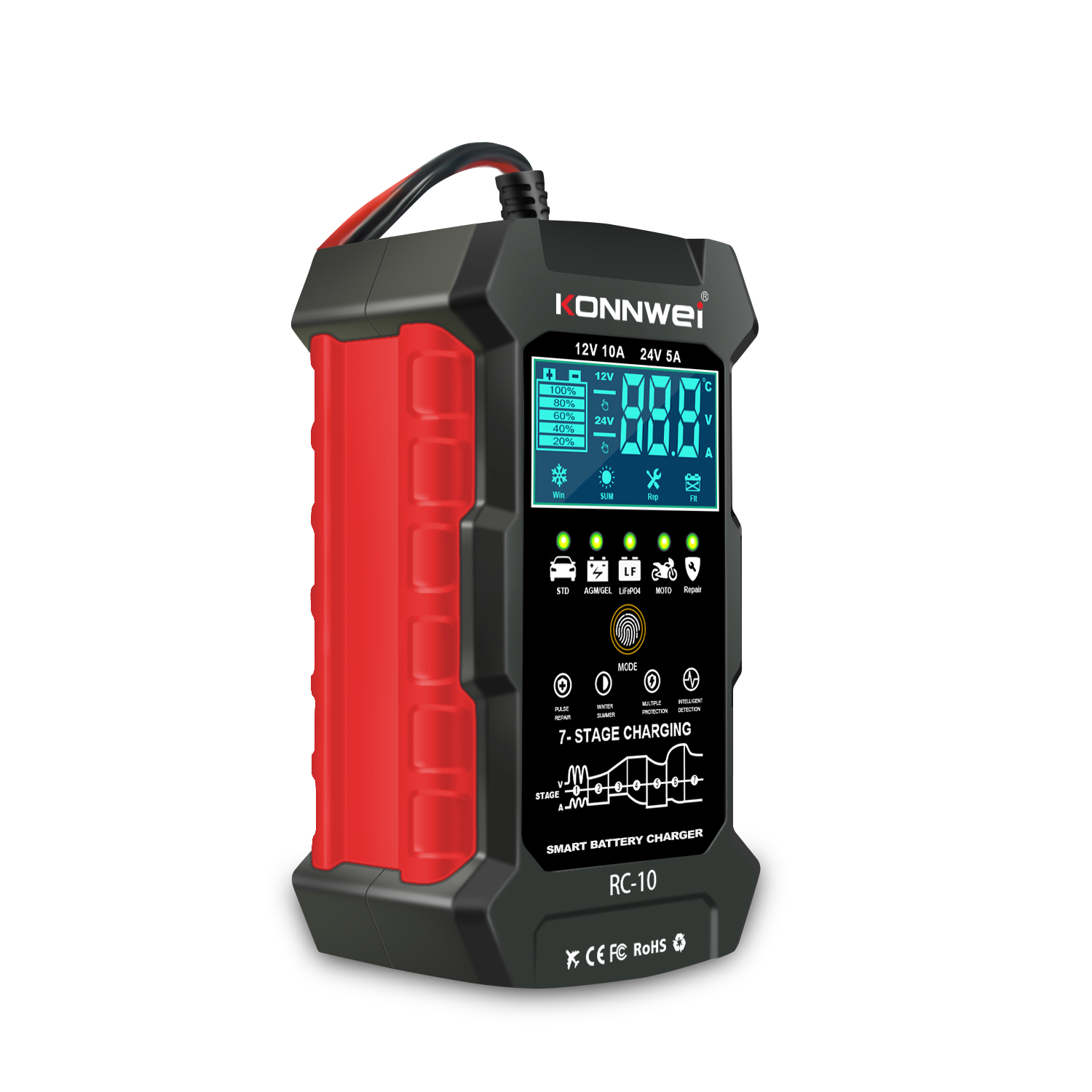 RC-10 12V/10A 24V/5A Chargeur de batterie automatique intelligent avec réparation par impulsion RC-10 12V/10A 24V/5A Chargeur de batterie automatique intelligent avec réparation par impulsion