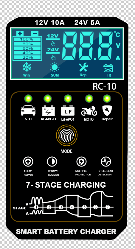 RC-10 12V/10A 24V/5A Chargeur de batterie automatique intelligent avec réparation par impulsion RC-10 12V/10A 24V/5A Chargeur de batterie automatique intelligent avec réparation par impulsion